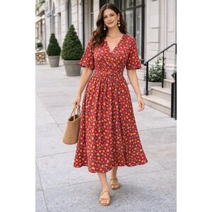 Vtg 80s MS CHAUS Red Floral Midi‎ Dress Women's 12 Retro